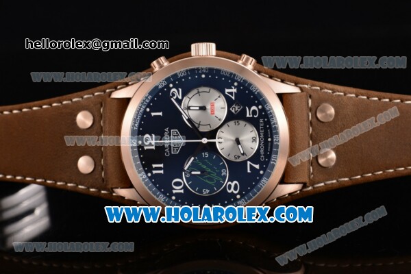 Tag Heuer Carrera Specail Edition Chrono Miyota Quartz Rose Gold Case with Blue Dial Brown Leather Strap and Arabic Numeral Markers - Click Image to Close